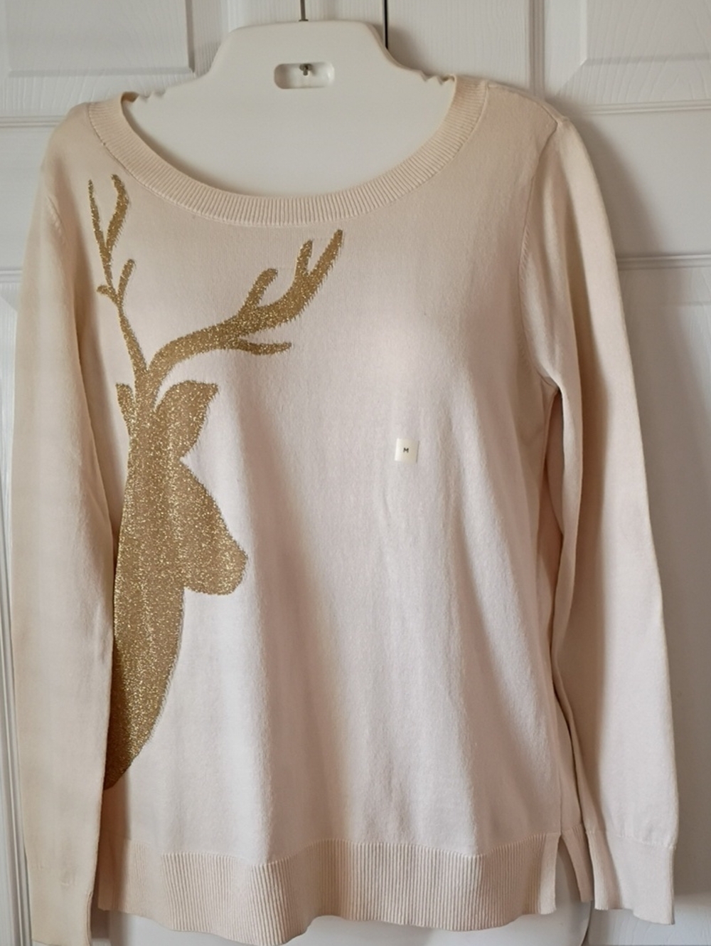 LOFT Cream Sweater with Gold Glitter Reindeer Graphic Size M